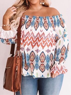 Flying Tomato Boho Off-Shoulder Peasant Top White with Multicolor Print Size 1X